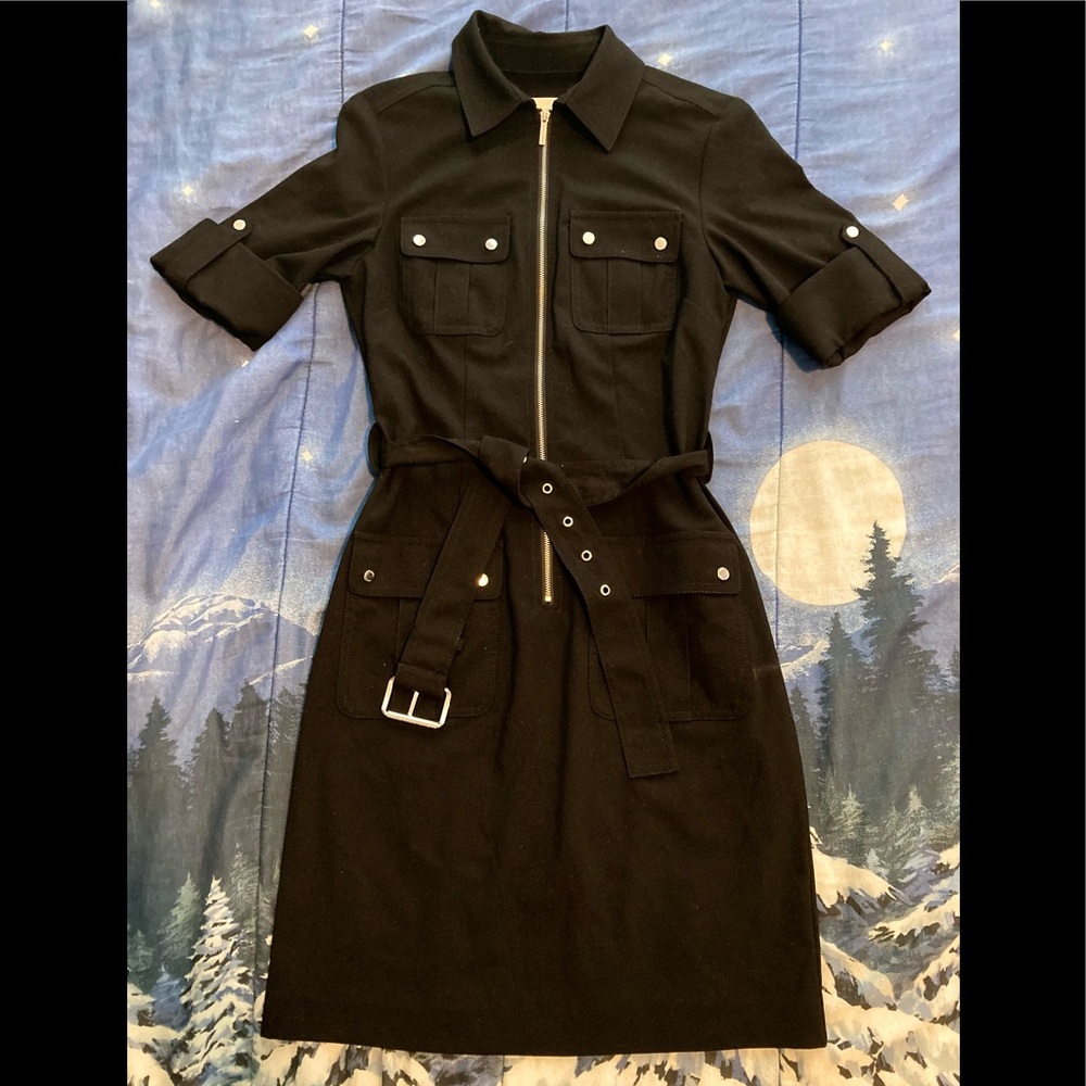 Michael Kors Belted Black Zip-Up Dress